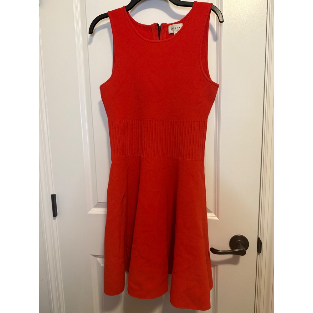 Milly Fit and Flare Dress Womens Medium Red Excellent Ribbed Knit Sleeveless